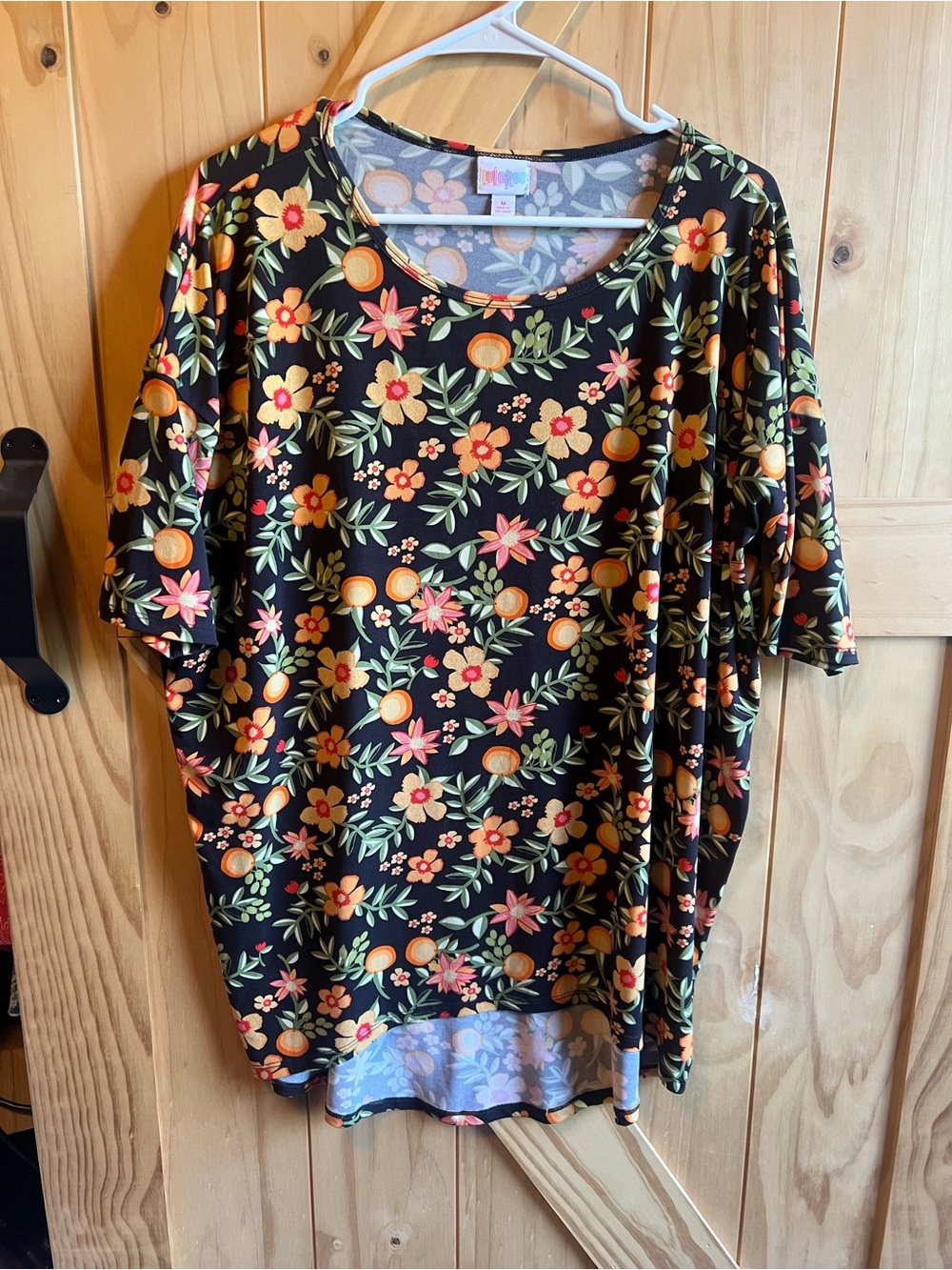 LuLaRoe Irma Black Floral Scoop Neck Top with Oranges and Pink Flowers Summer